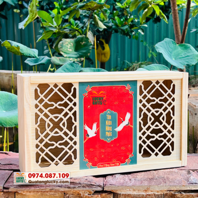 Hộp Gỗ nắp trượt in UV - Sắc xuân song hạc.