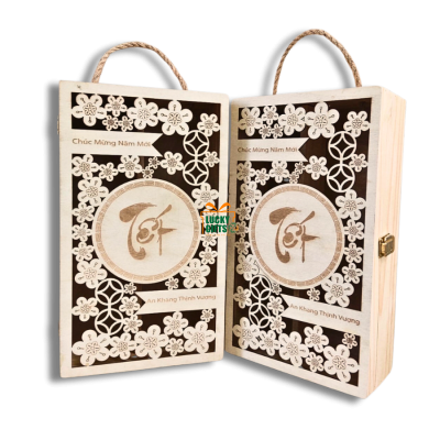 Hộp rượu đôi gỗ thông khắc laser Hoa Mai