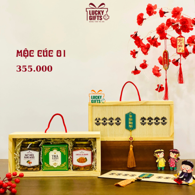 Hộp quà tết giá rẻ 2026- hộp gỗ in ấn logo theo yêu cầu- Mộc cúc 01