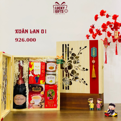 Hộp Quà Tết Cao Cấp -Hộp gỗ thông phối tag treo- Xuân Lan 01