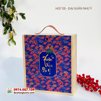 Hộp gỗ nắp trượt In UV màu theo yêu cầu- quai da -Đại Xuân Như ý