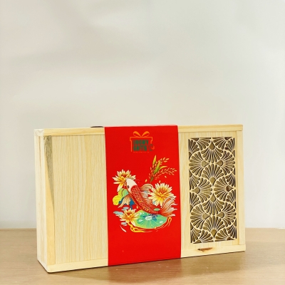 Hộp gỗ bánh trung thu nắp họa tiết phối cover giấy hồng ngư
