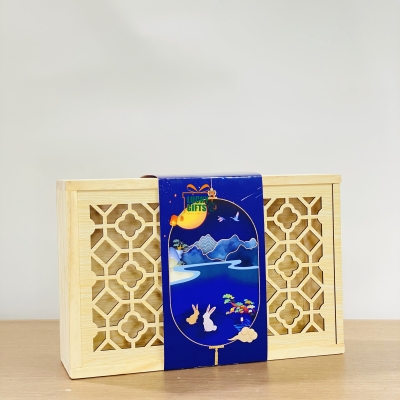 Hộp gỗ bánh trung thu nắp họa tiết phối cover giấy thỏ vui trăng